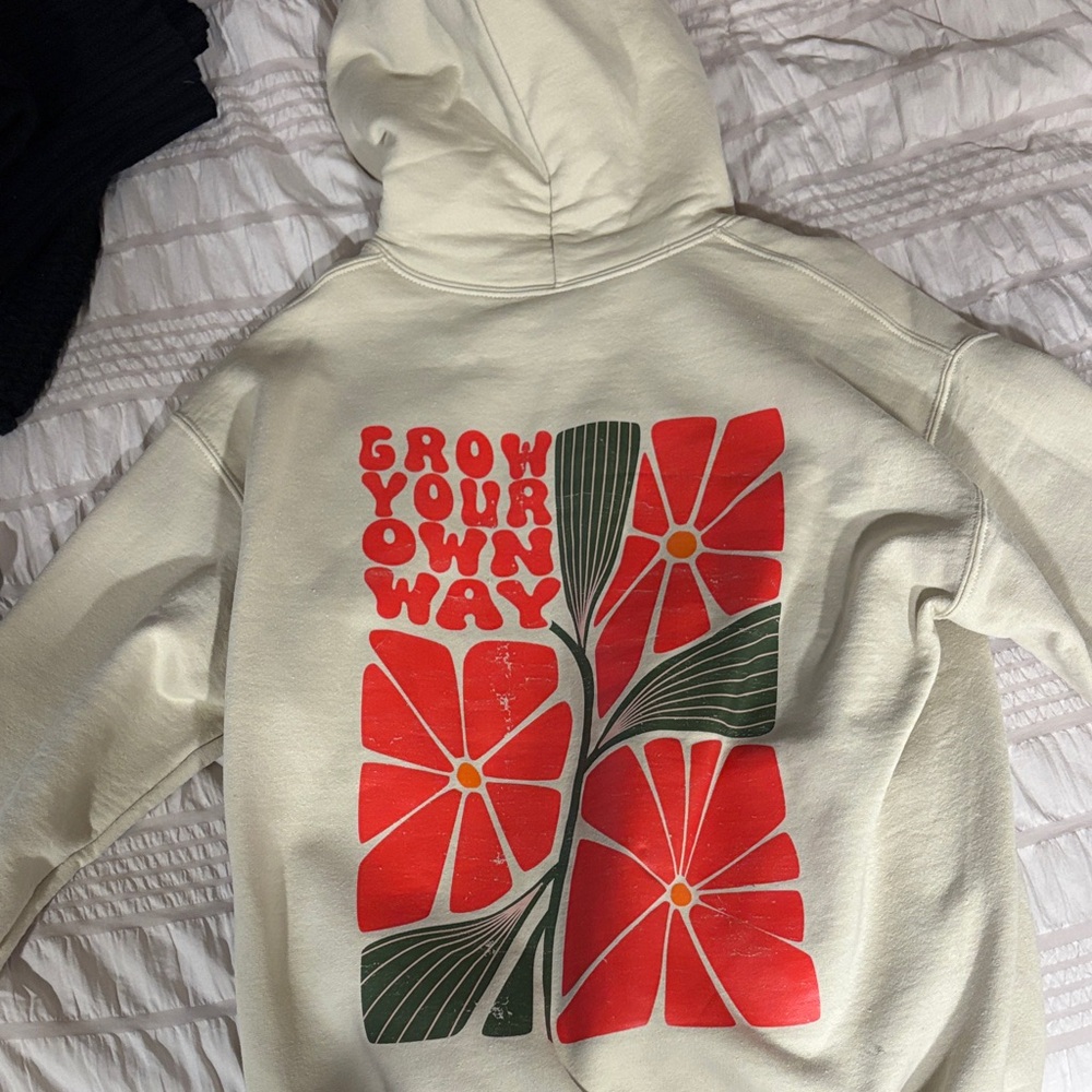 Cream Hoodie with Red and Green Floral Design